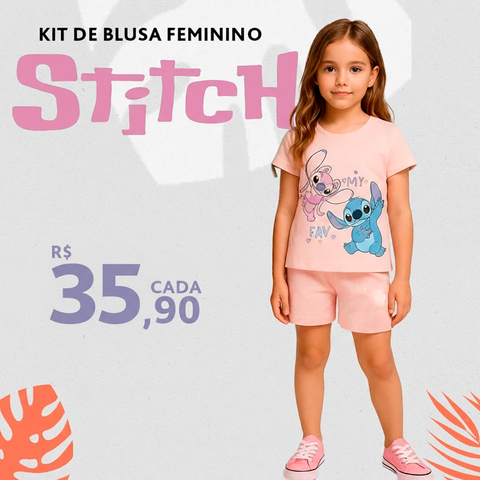 Kit de Blusa Stitch Feminino - 04 a 14 Anos