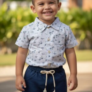 Conjunto Infantil Masculino Camisa Estampada Praia + Short Azul Marinho