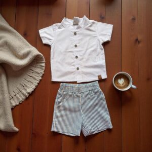 Conjunto Bebê Masculino Camisa Linho Branca Gola Padre + Short Listrado Azul
