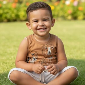 Conjunto Infantil Masculino Regata Safari Leão e Tigre + Short Moletinho Bege