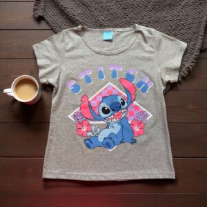 Camiseta Infantil Stitch Cinza Mescla Disney - Manga Curta Feminina