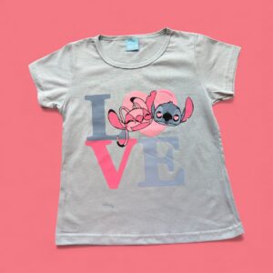 Camiseta Infantil Stitch e Angel Love Cinza Disney - Feminina Manga Curta