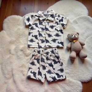 Conjunto Bebê Masculino Dinossauros Bege e Azul - Camisa + Short Verão