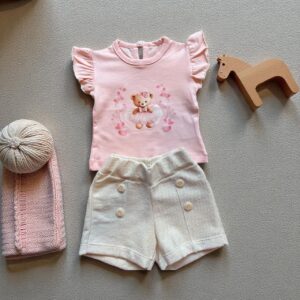 Conjunto Bebê Feminino Ursinha Bailarina Rosa + Short Bege com Botões