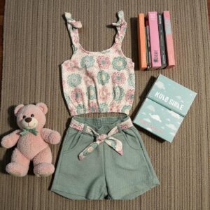 Conjunto Infantil Feminino Croppet Floral + Short Texturizado - Rosa e Verde