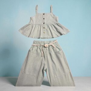 Conjunto Infantil Feminino Sofia - Blusa Peplum + Calça Pantalona Listrada Bege