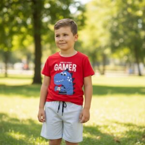 Conjunto Infantil Menino Dino Gamer - Camiseta Vermelha + Short Listrado