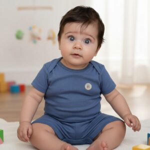 Conjunto Body Manga Curta + Short Infantil Menino "Little Boo" - Azul Jeans