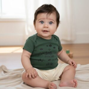 Conjunto Body Manga Curta + Short Infantil Menino "Little Adventurer" - Verde Militar