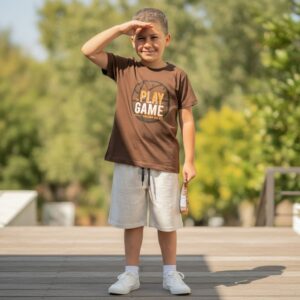 Conjunto Infantil Menino "Play Game" - Camiseta Marrom + Bermuda Listrada Bege