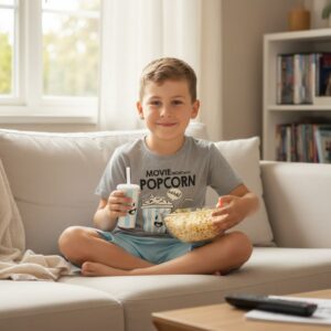 Conjunto Pijama Infantil Menino "Movie Night" - Camiseta Cinza Mescla + Short Azul