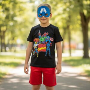 Conjunto Infantil Menino Marvel Comics Retrô - Camiseta Preta + Short Vermelho