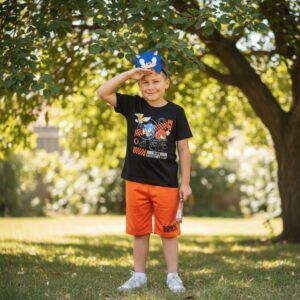 Conjunto Infantil Menino Sonic the Hedgehog - Camiseta Preta + Short Laranja