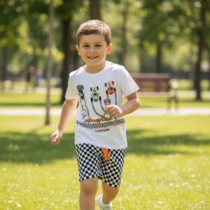 Conjunto Infantil Menino Race Car Champion - Camiseta Branca + Short Xadrez