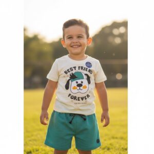 Conjunto Infantil Masculino "Best Friend" - Camiseta Off-White + Short Moletinho Verde