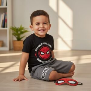 Conjunto Infantil Menino Homem-Aranha "Great Power" - Camiseta Preta + Short Mescla