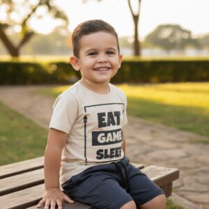 Conjunto Infantil Menino "Eat Game Sleep" - Camiseta Bege + Short Texturizado