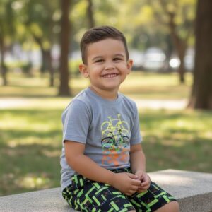 Conjunto Infantil Menino "Bicicletas" - Camiseta Cinza Mescla + Short Preto Estampado