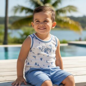 Conjunto Infantil Menino Náutico "Enjoy" - Regata Branca + Short Moletinho Azul