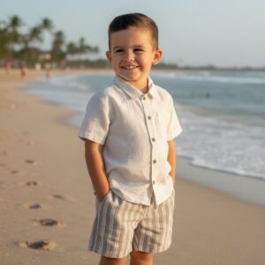 Conjunto Infantil Menino Linho Rústico - Camisa Bege + Short Listrado Clássico