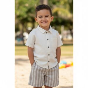 Conjunto Infantil Menino Linho Rústico - Camisa Bege Manga Curta + Short Listrado