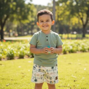 Conjunto Infantil Menino Henley Verde Sage + Short Tropical Estampado