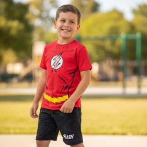 Conjunto Infantil Menino The Flash - Camiseta Vermelha + Short Preto Mescla