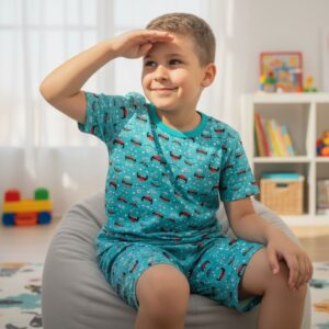 Conjunto Pijama Infantil Menino Monstros - Camiseta Verde Petróleo + Short Estampado