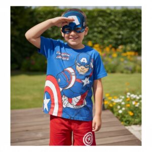 Conjunto Infantil Menino Capitão América - Camiseta Azul + Short Vermelho Marvel