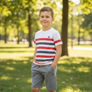 Conjunto Infantil Menino Listrado - Camiseta Náutica Vermelha + Short Cinza Mescla