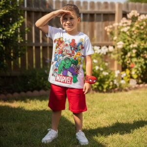 Conjunto Infantil Menino Marvel Avengers - Camiseta Branca + Short Vermelho