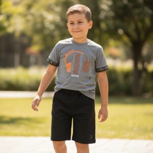 Conjunto Infantil Menino Musical "Make Some Noise" - Camiseta Cinza Mescla + Short Preto